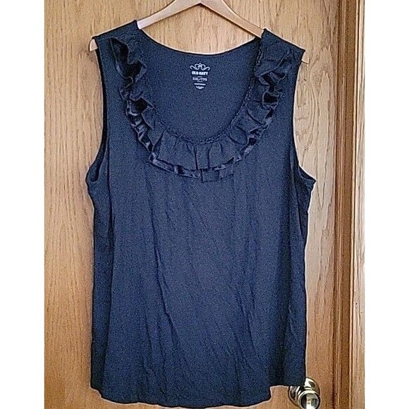 Old Navy Tank Ruffle Neck Top XXL Solid Strech Comfort Casual Dark Navy Blue - Picture 2 of 7